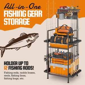 Estante de almacenamiento para cañas de pescar con tablero perforado y cesta de malla metálica; organizador vertical para aparejos de pesca. - Product Image 3