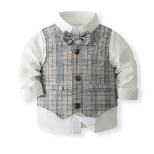Catpapa - Conjunto de 4 Piezas <span class=keywords><strong>para</strong></span> Niños, Estilo Caballero, Chaleco a Cuadros, Corbata de Lazo, Camisa, Pantalones a Cuadros, Traje de Boda - Product Image 3