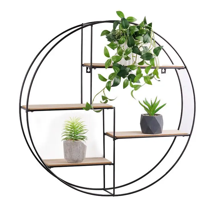K&B Hot Sale Black Wooded Round Plant Flower Pot Stand Hanging Floating Wall Mount Shelf For Home Decor