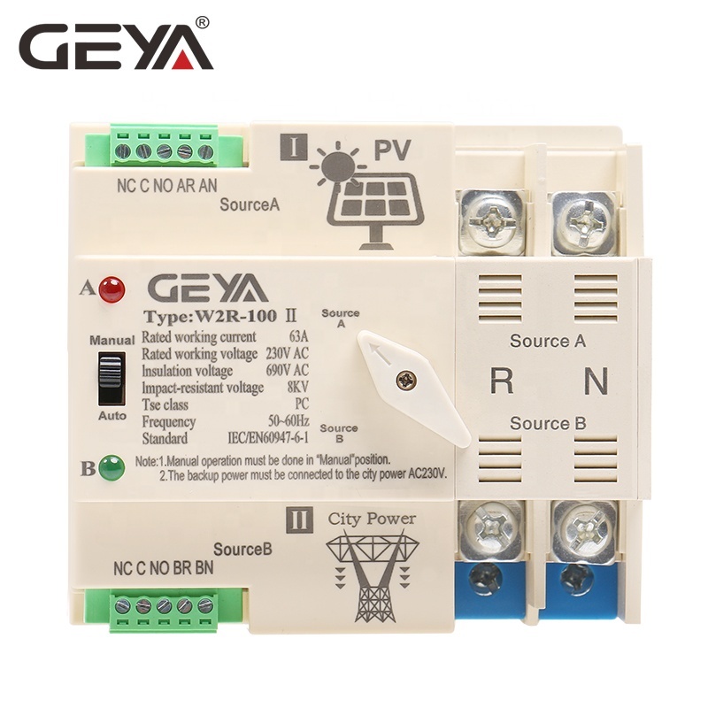 GEYA W2R-2P 220V 16-100A Pv Din Rail 2p 4p Ats Dual Power <strong>Automatic</strong> <strong>Transfer</strong> <strong>Switch</strong> <strong>Dc</strong> <strong>48v</strong> for Solar Inverter