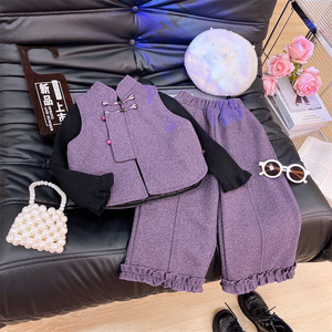 Ensemble 3 pièces pour filles d'hiver, style chinois, veste matelassée en laine et pantalon doublé en polaire, vêtements pour enfants, 90-150 cm - Product Image 3