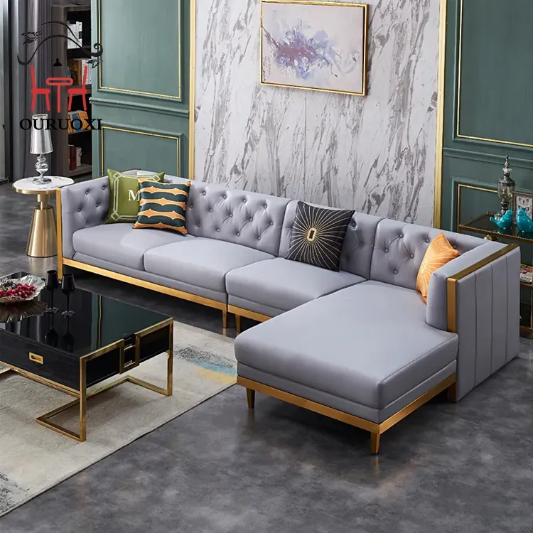 Meubles de salon pour maison hôtel utilisant un ensemble de canapés d'angle en cuir de luxe sectionnels en acier inoxydable