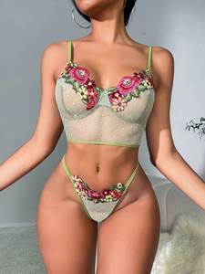 Lencería Erótica Colombiana Sexy al por Mayor, Color Verde Esmeralda, con Lunares, Bordado Floral, Conjunto de 2 Piezas - Product Image 5