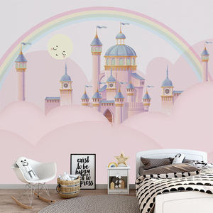 Papier peint mural personnalisé Château Ciel Rose Arc-en-ciel Montgolfière Nuage Papillon Décoration Crèche Filles Princesse - Product Image 3