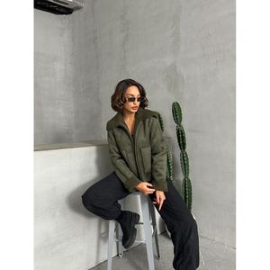 TOPSHOW Women's Khaki <b>Suede</b> Plush Lined Winter <b>Jacket</b> - Warm and Stylish Outerwear Coat for Autumn and Winter - Product Image 2
