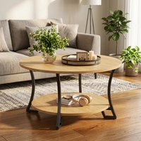 Table basse ronde à 2 niveaux avec plateau en bois et structure en métal, table basse moderne industrielle pour salon