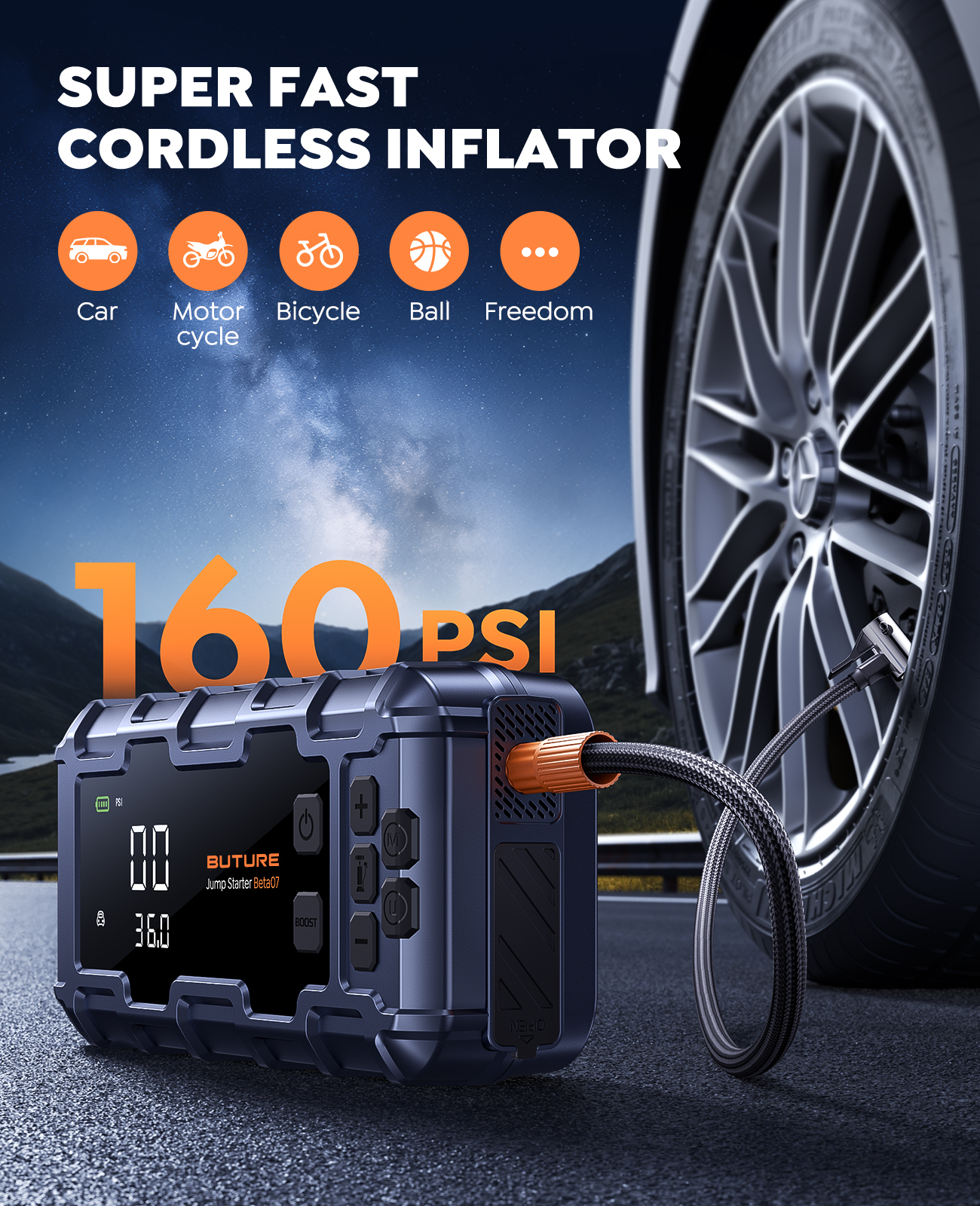 Buture Beta07 160PSI Portable Air Compressor & 12V 6000A Jump 