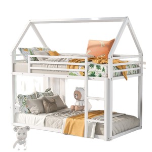 White Wooden Bunk <b>Bed</b> For Children With Ladder And Guardrail <b>House</b> Style Bedroom Furniture - Product Image 5