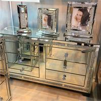 Console de rangement scintillante effet diamant broyé avec 6 tiroirs et miroir