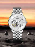 Montre mécanique automatique semi-squelette de luxe pour hommes PINDU, bracelet en acier inoxydable bicolore, index romains