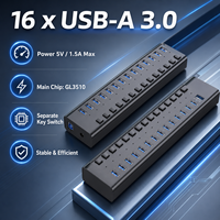 Hub USB 3.0 de 16 Puertos con 16 Interruptores Individuales, Adaptador de Corriente de 12V 7.5A, Carcasa de ABS, en Stock, Garantía de 12 Meses para PC