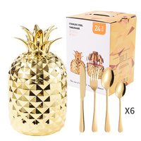 Ensemble de 24 couverts créatifs en acier inoxydable poli miroir avec support ananas en ABS pour mariages et dîners