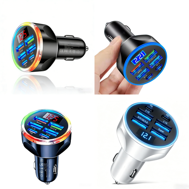 2026 New Arrivals 6 in 1 Multi Port USB C Car Charger with Voltage Display Super Fast Charge Adapter in Car with Volt Meter