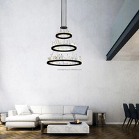 Lustre moderne de luxe à plusieurs niveaux avec anneaux en cristal, cadre noir, grand luminaire suspendu rond pour hall d'hôtel, villa, éclairage d'escalier