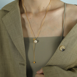 Collar de cadena de hueso de serpiente ajustable con borla, longitud media, colgante de perlas de cristal estilo Tang, chapado en oro de 18K, cadena para suéter para mujer - Product Image 4