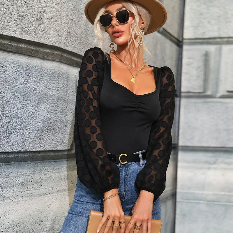 High Quality Square Collar Sexy Black Top Lantern Lace Sleeve Solid Polyester Shirt Ladies Blouses Fall Clothing For Women