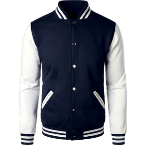 Chaqueta Varsity Blanca y Azul Marino para Hombre, Estilo Preppy, Corte Regular, Cierre de Botones, Cuello Camisero, Color Sólido, Exterior de Poliéster y Algodón - Product Image 1