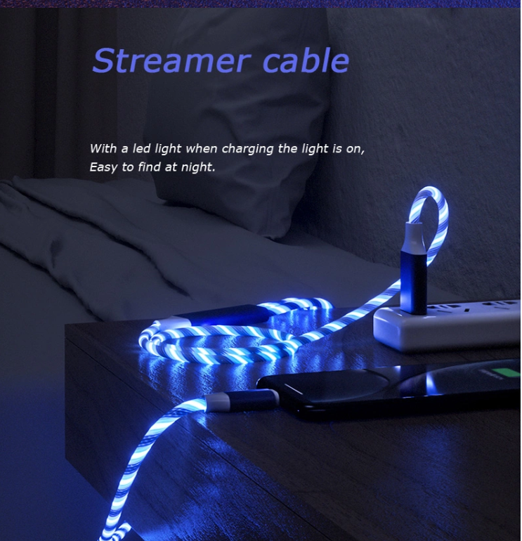 Fast Charging Cable 3 IN 1 Type C 3A LED Colorful Charging USB Cable Lightning Flashing Cable