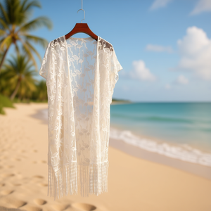 Buonic Kimono da Donna in Pizzo con Frange a Forma di Fenicottero 85x90cm Copricostume da Spiaggia Bianco - Product Image 2