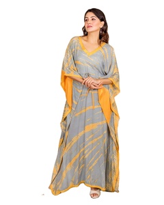2025 fait à la main cravate teinture caftan 100% rayonne tissu robe vêtements demi-manches décolleté en V bohème dames Long caftan pour les femmes - Product Image 1