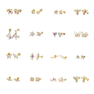 Pendientes minimalistas delicados de circonio chapados en oro de 18 quilates, joyería piercing, corona de mariposa, pendientes de tuerca de Cristal AB pequeños rosas para mujer