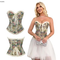 Corsette beige et noire pour femme, style victorien, avec dentelle au dos, plissée florale, baleinée, maintien ferme, grandes tailles XS-XXL