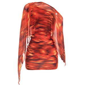 Viviblook Q26DS032 Women Summer <b>Dress</b> Sexy Fashionable Print Asymmetrical One Shoulder Pleated Mini Bodycon <b>Dress</b> - Product Image 5