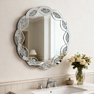 <b>Silver</b> Crush Diamond Round Wall <b>Mirror</b> 31.5 Inch Wave Frame Decorative <b>Mirror</b> for Living Room Bathroom Bedroom Hallway - Product Image 4