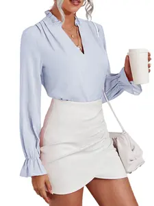 Popular Women's Summer Casual Ruffle V Neck Blouses Long Sleeve Loose Shirts Tops Lady Simple Office Wear Camisa De Mujer Blouse