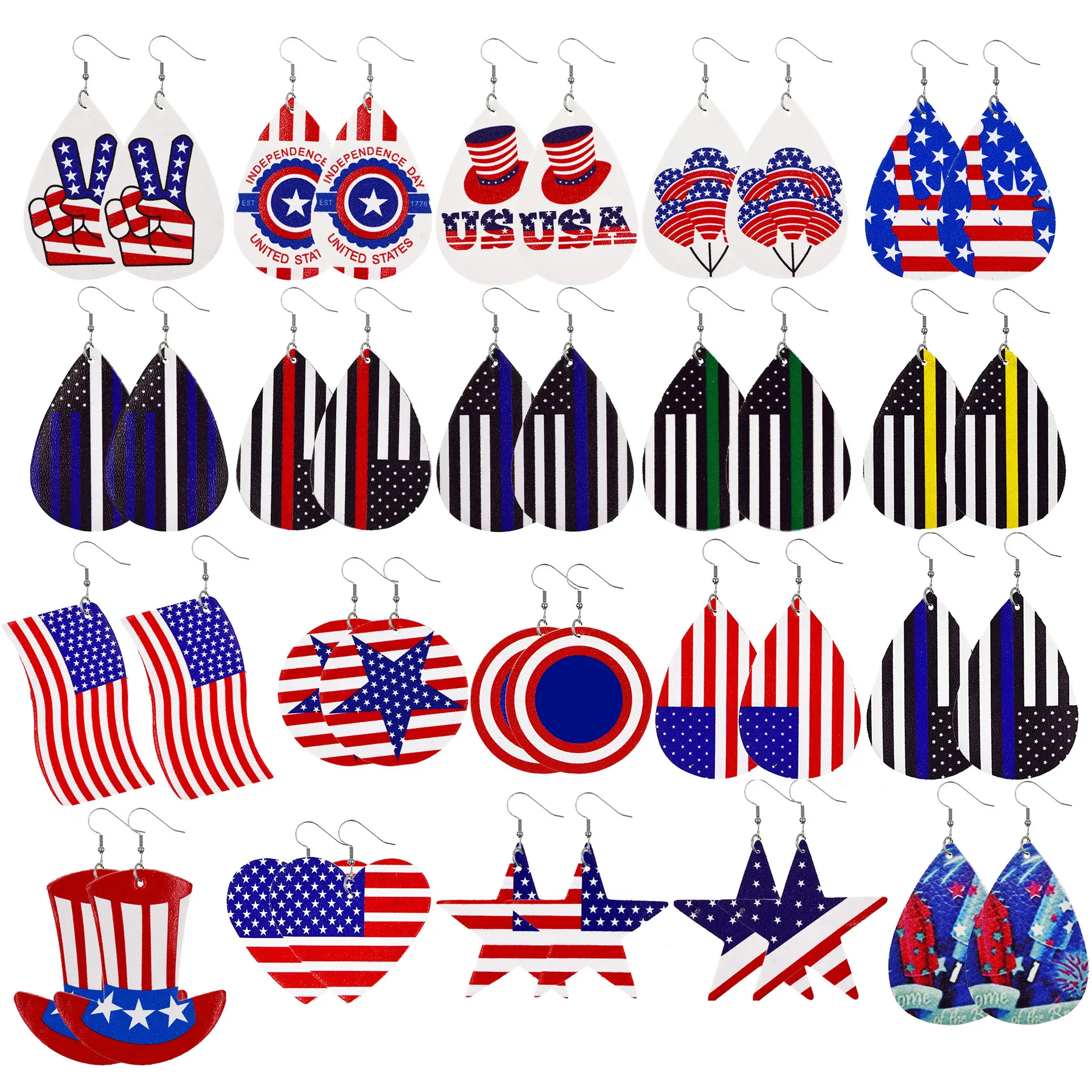 Pendientes con bandera americana en forma de lágrima ligeros de cuero de una sola capa personalizados pendientes con banderas americanas del Día DE LA Independencia para promoción