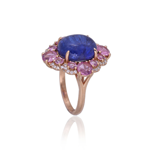 18K Rose <b>Gold</b> <b>Cocktail</b> <b>Ring</b> with Natural Tanzanite Pink Sapphire and Diamond Halo Trendy Wedding & Party Fine Jewelry for Women - Product Image 2