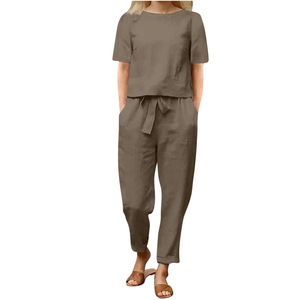 Set di Abbigliamento Casual da Donna <span class=keywords><strong>Taglie</strong></span> Forti, T-Shirt in Cotone e Lino con Collo Tondo e <span class=keywords><strong>Pantaloni</strong></span> Aderenti Sopra il Ginocchio - Product Image 6