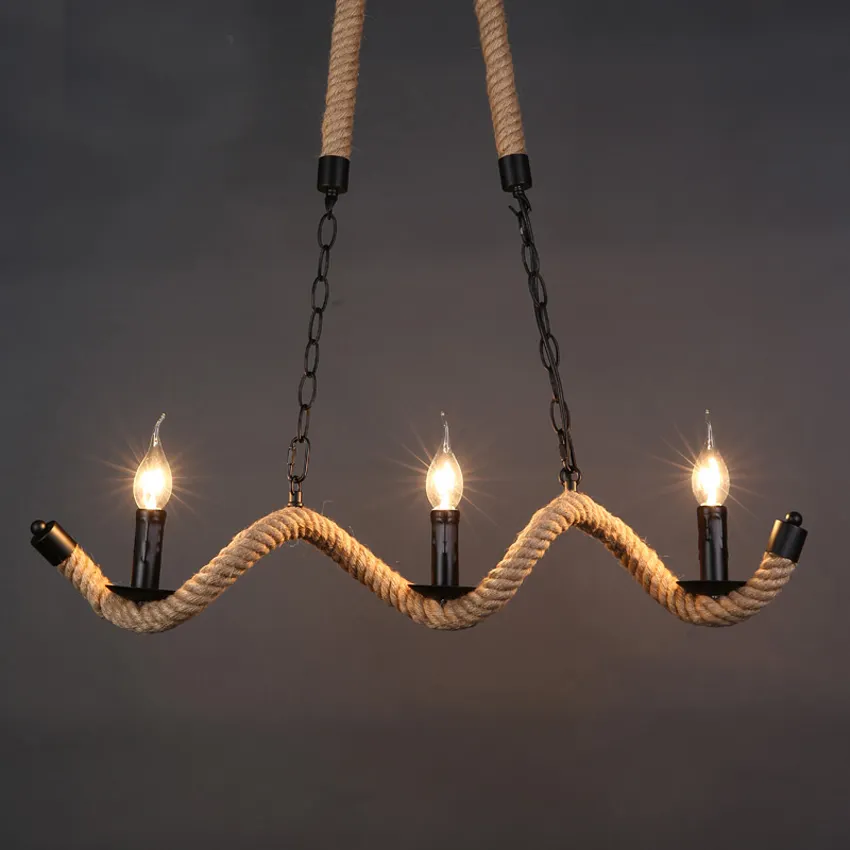 Nordic Rustic Hemp Rope Pendant Lamps 3 Heads E14 Lampholder Candle Chain Droplight Chandelier For Restaurant Bar Cafe Lighting