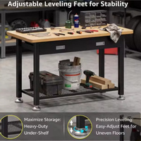 Banco de Trabajo Resistente para Garaje con Cajones y Estantes, Estructura de Acero, Superficie de Madera, Altura Ajustable, OEM/ODM/OBM, Capacidad de Carga de 907 kg (2000 lb)