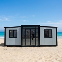Maison conteneur pliable extensible à double aile de 20 pieds, préfabriquée, modulaire, mini-maison, cuisine, salle de bain, villa, glamping, bureau, style Mid-Century