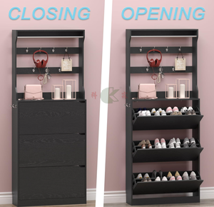 Meuble à chaussures fin avec 3 tiroirs basculants et porte-vêtements, organisateur de rangement 2-en-1 pour chaussures, idéal pour entrée, couloir, salon - Product Image 4