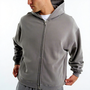 Sudadera con capucha y cremallera para hombre, extragrande, gris, de algodón 100% French Terry, corte regular, informal, para otoño - Product Image 1