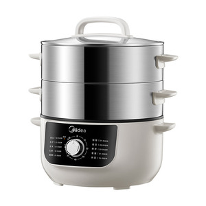 Cuiseur vapeur électrique Midea à 3 niveaux en acier inoxydable avec contrôle mécanique du minuterie et couvercle en verre trempé - Product Image 5