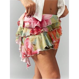 FOXA Women's <b>Boho</b> Tropical Floral Mini <b>Skirt</b> High Waist Ruffle Layered Chiffon Beach Vacation Outfit - Product Image 2