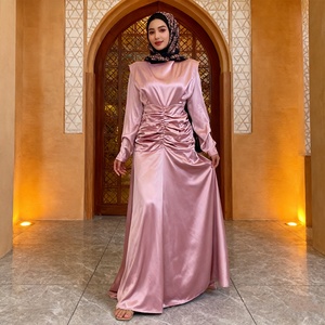 9.9 New Arrival Dress Smooth Thick Satin High Round Neck Elastic Pleated Waist Big Bottom Fashionable Long Dress 6664# - Product Image 3