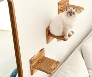 Platform Tempat Tidur Kucing Dipasang Di Dinding Besar dengan 3 Langkah Kayu Solid Rak Tidur Kucing dengan Bantal Ekstra Lembut Furnitur Kucing Kayu