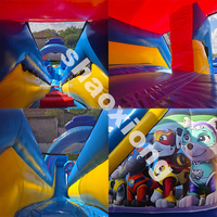 Structure gonflable commerciale combinée château et toboggan, motif chien, double piste, avec souffleur, pour fête d'anniversaire