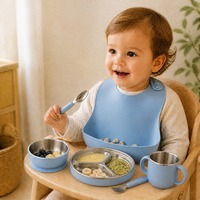 Juego de alimentación para bebés de silicona y acero inoxidable al por mayor personalizado: babero, tazón con ventosa, plato dividido, taza, cuchara y tenedor