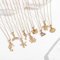 Parure de bijoux thème océan en acier inoxydable avec zircon incrusté, pendentifs animaux marins (étoile de mer, hippocampe)