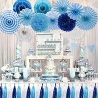 Décorations de fête bleues : éventails en papier suspendus, pompons, fleurs, guirlande de pompons en tissu pour anniversaire d'enfants, baby shower, fournitures de décoration