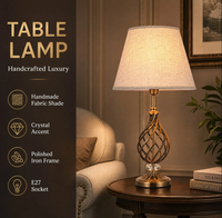 Lampe de table en fer poli avec accent en cristal, abat-jour en tissu fait main, E27, style industriel, luxe, pour hall d'hôtel, chambre, salon, suites