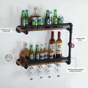 Casier à vin mural à 2 niveaux, petites étagères flottantes suspendues pour mini bar à liqueur avec <span class=keywords><strong>rangement</strong></span> pour porte-verre <span class=keywords><strong>sous</strong></span> - Product Image 4