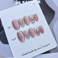 Uñas Postizas Ovaladas Cortas Hechas a Mano, con Brillo Intenso, Efecto Ojo de Gato, Cobertura Total, Uñas Artificiales