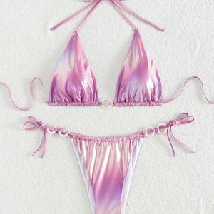 Conjunto de Bikini de 2 Piezas con Brillo Metálico de Alta Calidad, Volantes, Push-Up, Secado Rápido, Tanga, Un Hombro Descubierto, Corte Cheeky, Tallas Grandes - Product Image 1