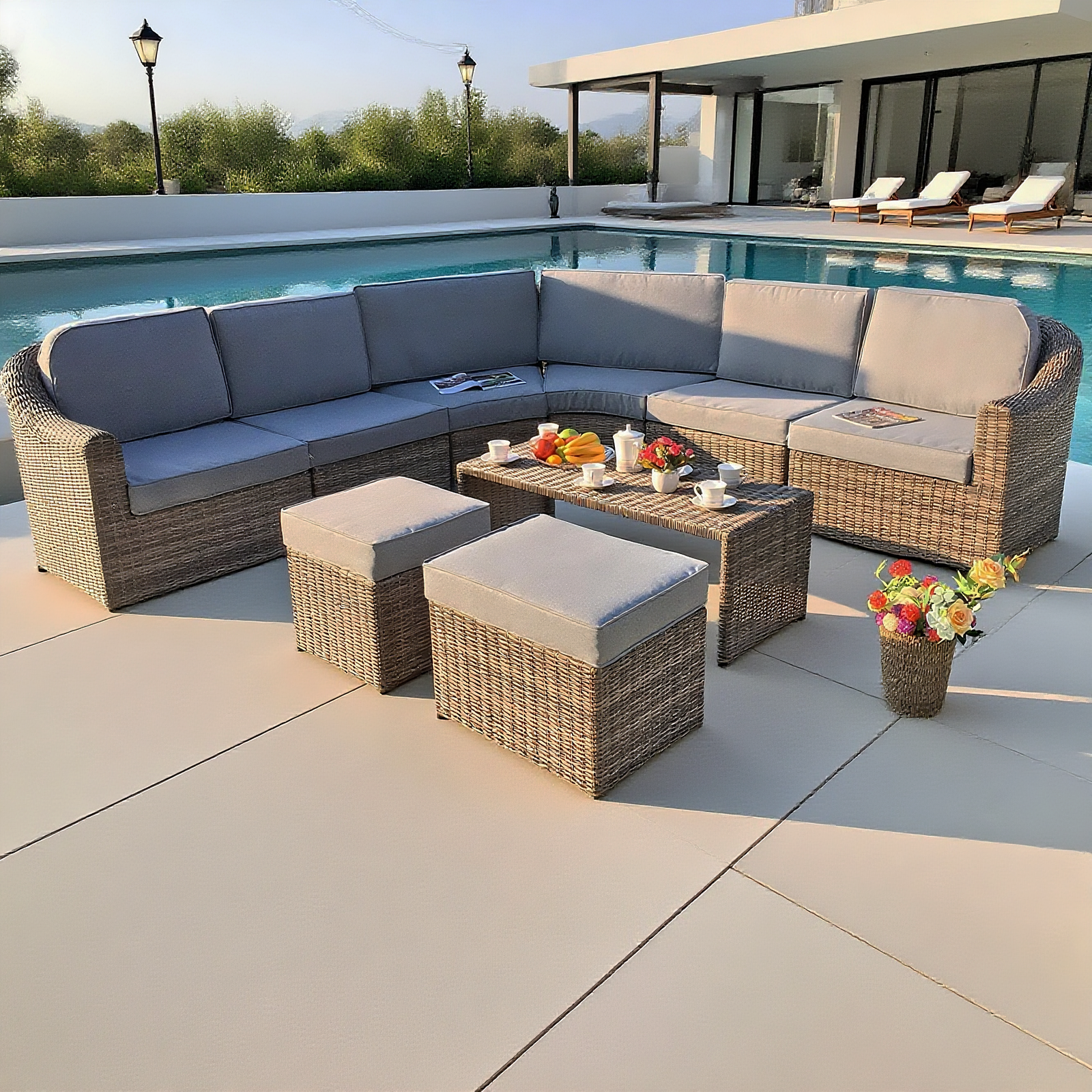 Creative Design Rounded Edge Rattan Sofa Set 8- Seater Garden - Main Image